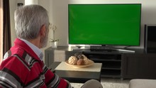 An Unhappy Elderly Man Sits On A Sofa In An Apartment Living Room And Watches TV With A Green Screen, Then Turns And Shakes His Head At The Camera