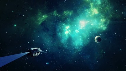 Space scene. Blue and green nebula with planet and spaceship. Elements furnished by NASA. 3D rendering
