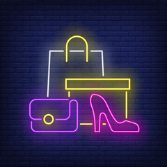 Wall Mural - Shopping bag, box, woman heeled shoe neon sign