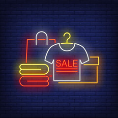 Wall Mural - Sale neon lettering, t-shirt, shopping bag, box and clothes