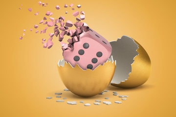 Poster - 3d rendering of pink die cube hatching out from golden egg and disintegrating into small pieces on light-ocher background.
