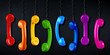 © stockphoto-graf - row of colorful rainbow colored old fashioned retro phone reciever with black telephone wire black slate blackboard background, business communication support service concept