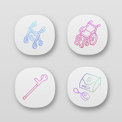 Sticker - Disabled devices app icons set. Rollator, manual wheelchair, forearm crutch, personal emergency response system. UI/UX user interface. Web or mobile applications. Vector isolated illustrations