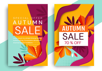 Autumn sale banner backgrounds with fallen leaves. Vector illustration.