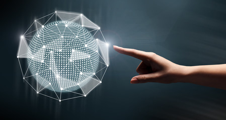 Poster - Woman touching global network on black background