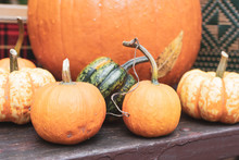 Closeup Of Pumpkins On A Picnic Table