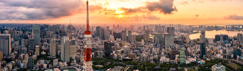 Poster - Aerial drone Panorama - Skyline of the city of Tokyo, Japan at sunrise.  Asia