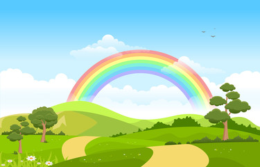 Beautiful Rainbow Sky with Green Meadow Mountain Nature Landscape Illustration