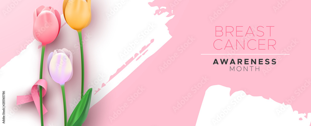 Breast cancer awareness pink ribbon tulip flower - obrazy, fototapety, plakaty 