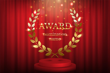 Wall Mural - golden award sign with laurel wreath and podium isolated on red curtain background. vector award des
