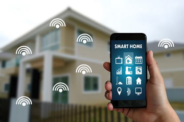 Poster - man use mobile phone with smart home app Smart home augmented reality (AR) internet of things (IOT)