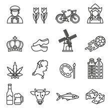 Netherlands Symbols And Dutch Culture Icons Set On White Background. Line Style Stock Vector.