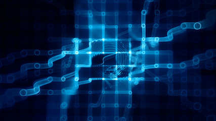 Poster - Abstract background element. Fractal graphics 3d illustration. Wide format composition of grid cells and circles. Information technology concept.