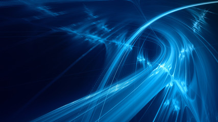 Fototapete - Abstract blue background element on black. Fractal graphics 3d Illustration. Three-dimensional composition of glowing lines and motion blur traces. Movement and innovation concept.