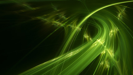 Fototapete - Abstract green background element on black. Fractal graphics 3d Illustration. Three-dimensional composition of glowing lines and motion blur traces. Movement and innovation concept.