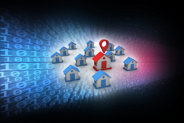 Poster - 3d illustration Search for Property.a Map with Large Red GPS Pointer containing