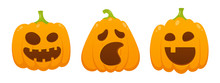 3 Orange Halloween Pumpkins Set With Scary Face Expression Grimace Flat Style Design Vector Illustration Isolated On White Background.