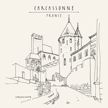 Carcassonne Castle, France, Europe. Hand Drawing In Retro Style. Travel Sketch. Vintage Touristic Postcard, Poster Or Book Illustration In Vector