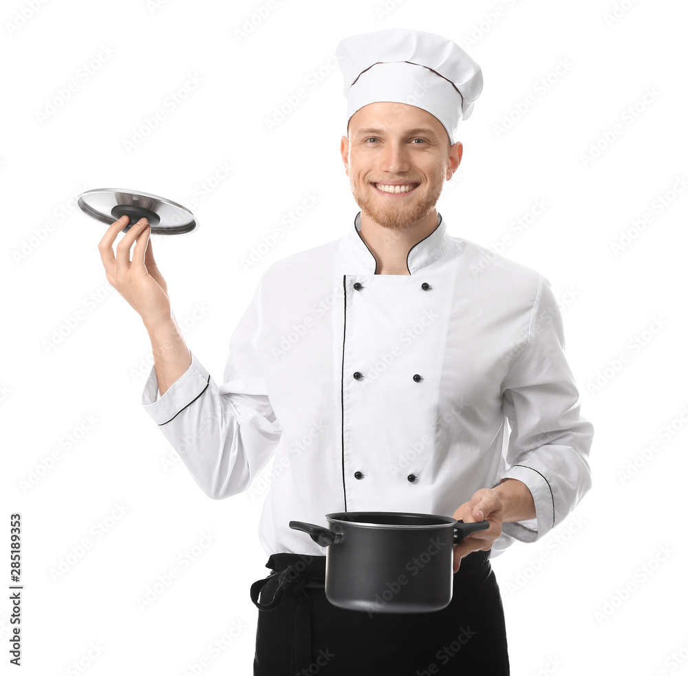 Handsome male chef with saucepan on white background