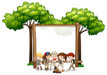 Wall Mural - Blank sign template with kids and trees