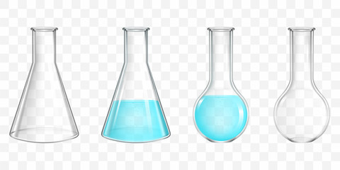 Different shape, empty, filled with water, blue liquid, chemical reagent lab flasks 3d realistic vector set isolated on transparent background. Scientific or medical laboratory glassware illustration