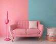 The pink sofa which has a white pillow is set in living room which has blue and pink wall.
