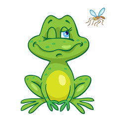 Sticker - Cute frog sits and watches a flying mosquito. In cartoon style. Isolated on white background. Vector illustration.