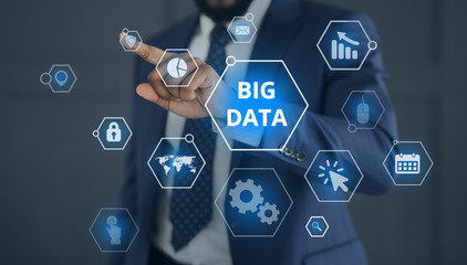 Poster - Man choosing Big data network protection among flying icons