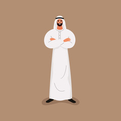 Wall Mural - Arab handsome bearded man in traditional white clothes standing with crossed arms. Vector illustration in cartoon style