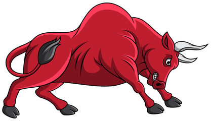 Cartoon red bull attack on white background