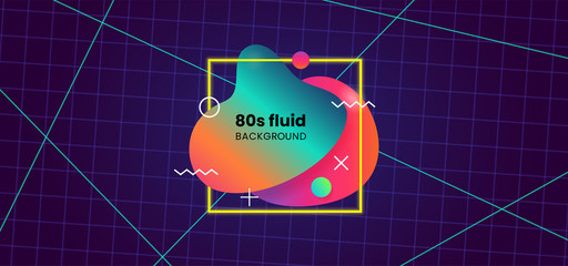 Fototapete - Fluid abstract dynamic shape trendy badge label design. 80s style liquid gradient color with geometric element on dark grid space background vector illustration