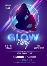 Purple Invitation Card Or Flyer Design With Silhouette Female And Lighting Rays For Glow Party Celebration.