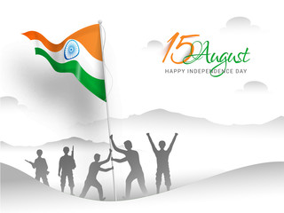 Canvas Print - Silhouette character of Indian Army soldiers waving flag on white landscape background for 15 August Happy Independence Day poster or banner design.