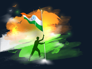 Wall Mural - Silhouette character of man holding Indian Flag on glossy abstract tricolor brush stroke background for Independence Day celebration concept.