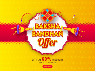 Wall Mural - advertising banner or poster design with decorative rakhi (wristband), loudspeaker and 60% discount 