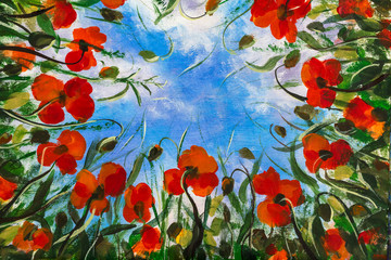 Red poppies art. Field of red poppies flowers Impressionism modern oil painting - red flowers poppies blue sky illustration. Flower modern landscape artwork for poster, fabric, invitation background