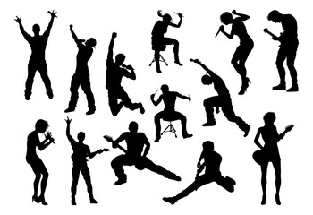 Wall Mural - A set of high quality musicians, rock or pop band singers, drummers, and guitarists silhouettes