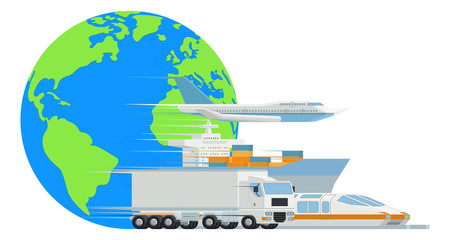 Wall Mural - A logistic transport import export cargo world globe design with truck, train, air plane and ship