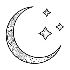 Wall Mural - Crescent moon and stars with abstract patterns on isolated white background. Design for spiritual relaxation for adults. Black and white illustration for anti stress colouring page