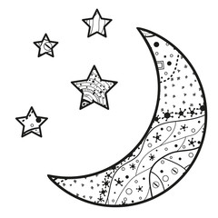 Wall Mural - Crescent moon with stars with abstract patterns on isolation background. Design for spiritual relaxation for adults. Black and white illustration for anti stress colouring page