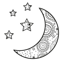Wall Mural - Crescent moon with stars with abstract patterns on isolation background. Design for spiritual relaxation for adults. Black and white illustration for anti stress colouring page