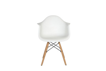 Modern white plastic chair with wooden legs isolated on a white background. Front view