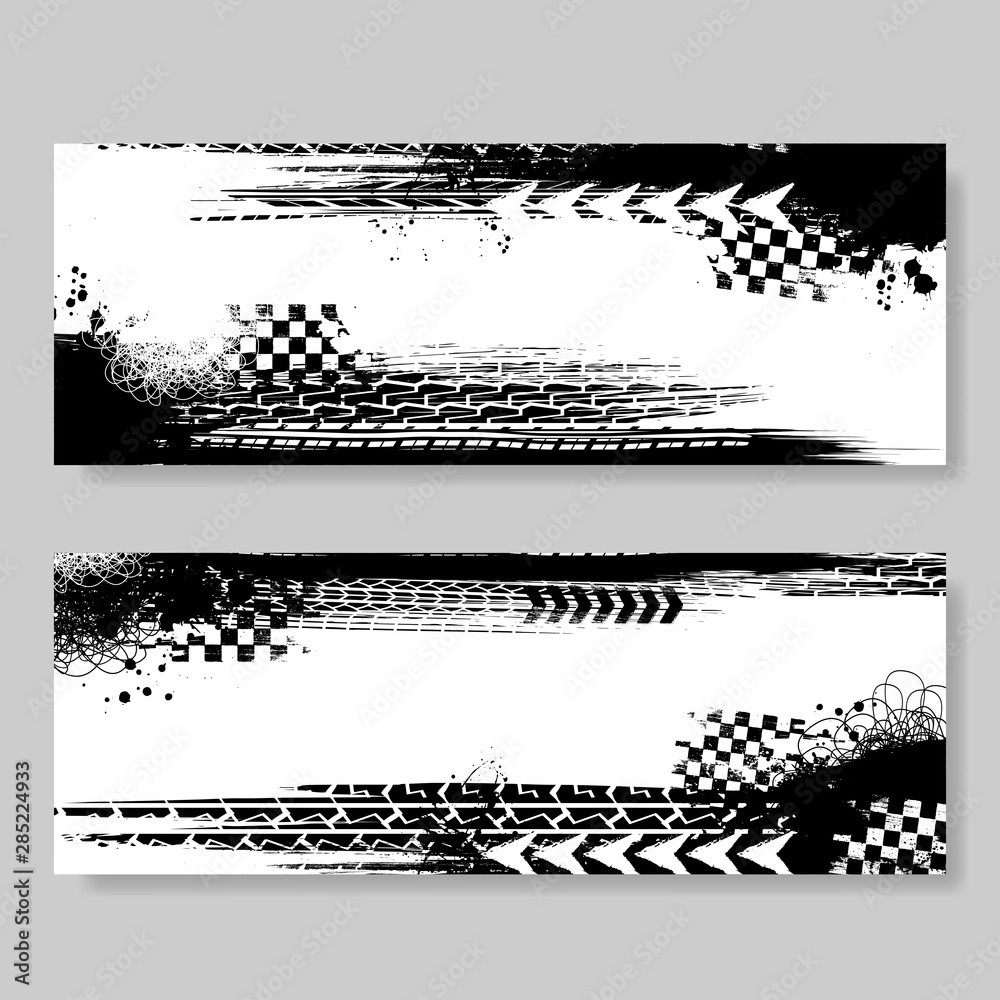 Two white banners with black grunge elements and tire tracks - obrazy, fototapety, plakaty 