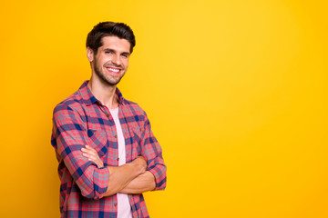 Poster - Photo of famous businessman wearing informally searching for some resting while isolated with yellow background
