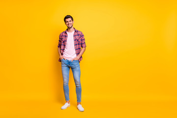 Aufkleber - Full length body size photo of enjoying guy posing in front of camera while isolated with yellow background