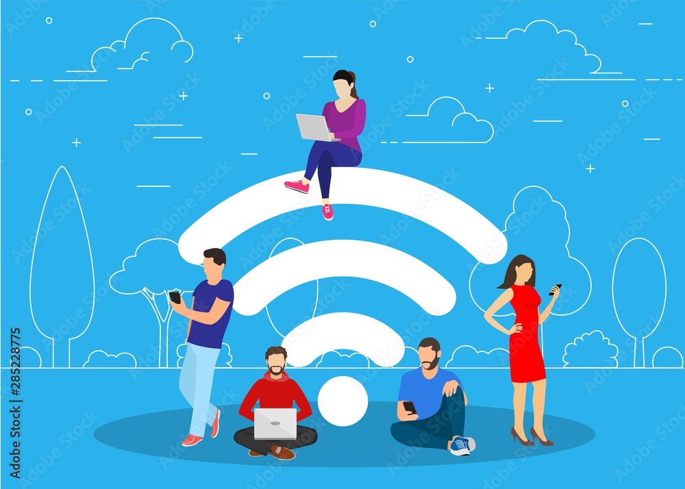 People in free internet zone using mobile gadgets, tablet pc and smartphone. big wifi sign. Free wifi hotspot, wifi bar, public assess zone, portable device concept. Vector illustration in flat style - obrazy, fototapety, plakaty 