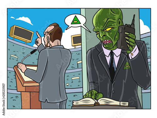 Fotografía A reptilian dictating the speech to a dogmatic politician in a crowded stadium