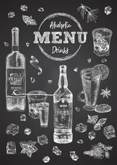 Vintage hand drawn sketch design bar, restaurant, cafe cover menu on black chalk board background. Graphic vector art. Whiskey with ice and mint