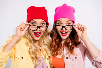 Sticker - Photo of two pretty overjoyed ladies wear specs casual clothes isolated white background