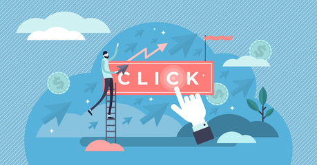 Clicks vector illustration. Flat tiny pay per marketing persons concept.